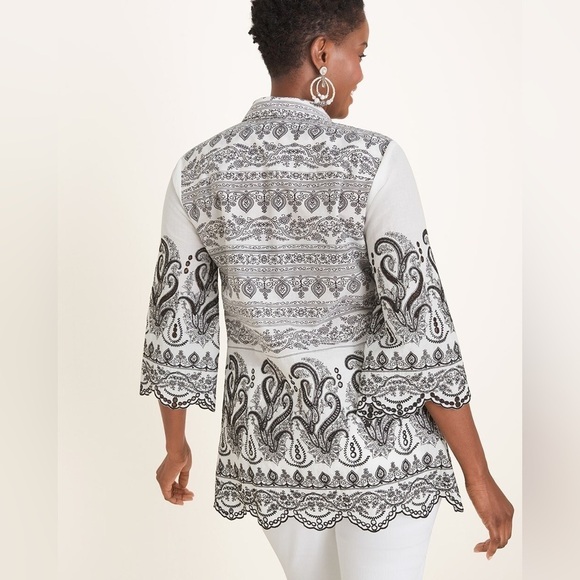 Chico’s Paisley Eyelet Black White Floral Embroidered Scalloped Shirt 3 US XL - Picture 4 of 16
